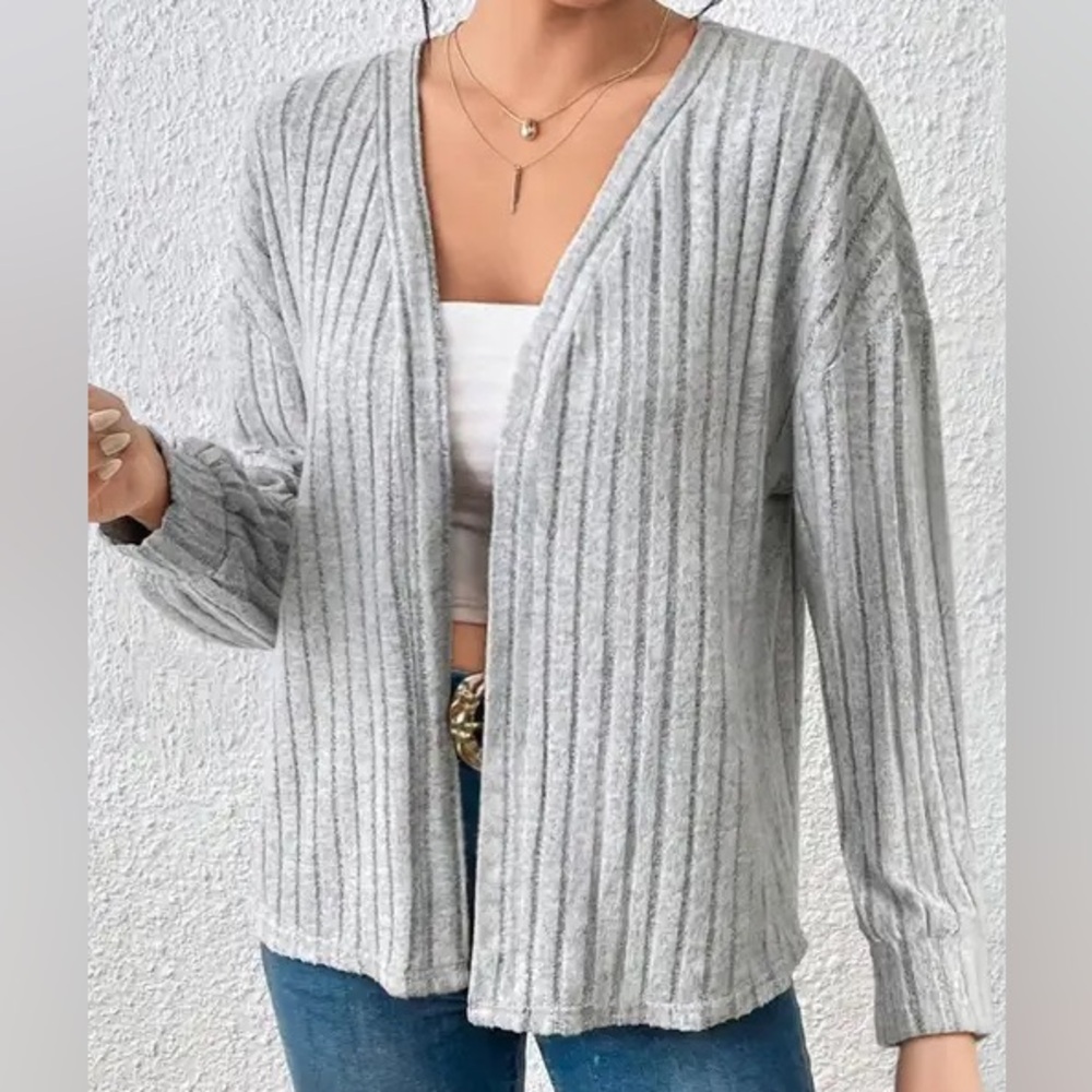 Light Gray Ribbed Open Front Cardigan - Size Large